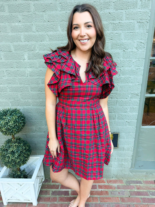 Red Plaid Ruffle Sleeve Dress