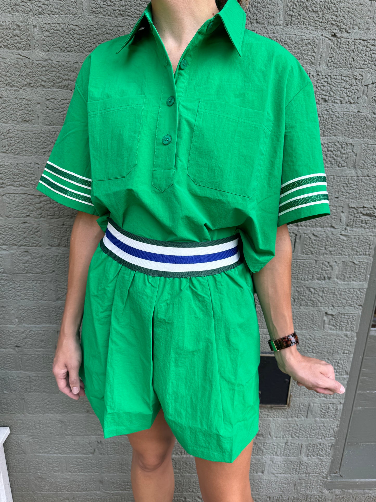 Green Glitter Striped Sleeve Polo Top