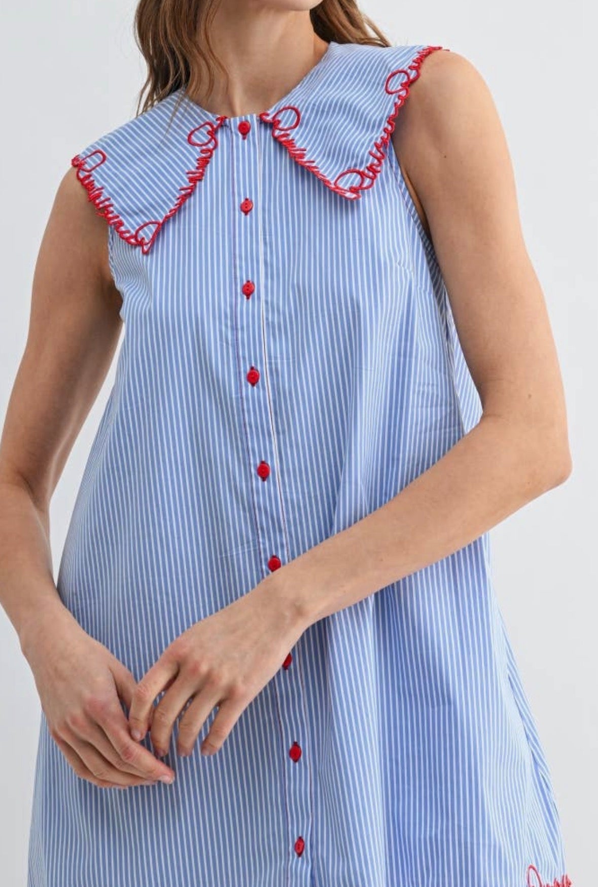 Red and Blue Embroidered Collar Shift Dress
