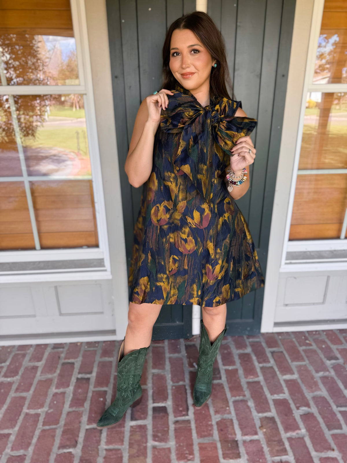Mustard/Green Jacquard Tie Neck Sleeveless Dress