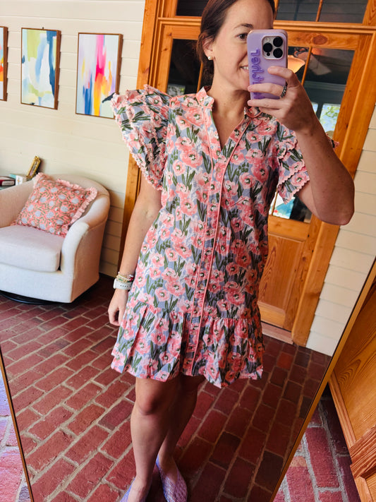 Apricot Pink Floral Flutter Sleeve Dress