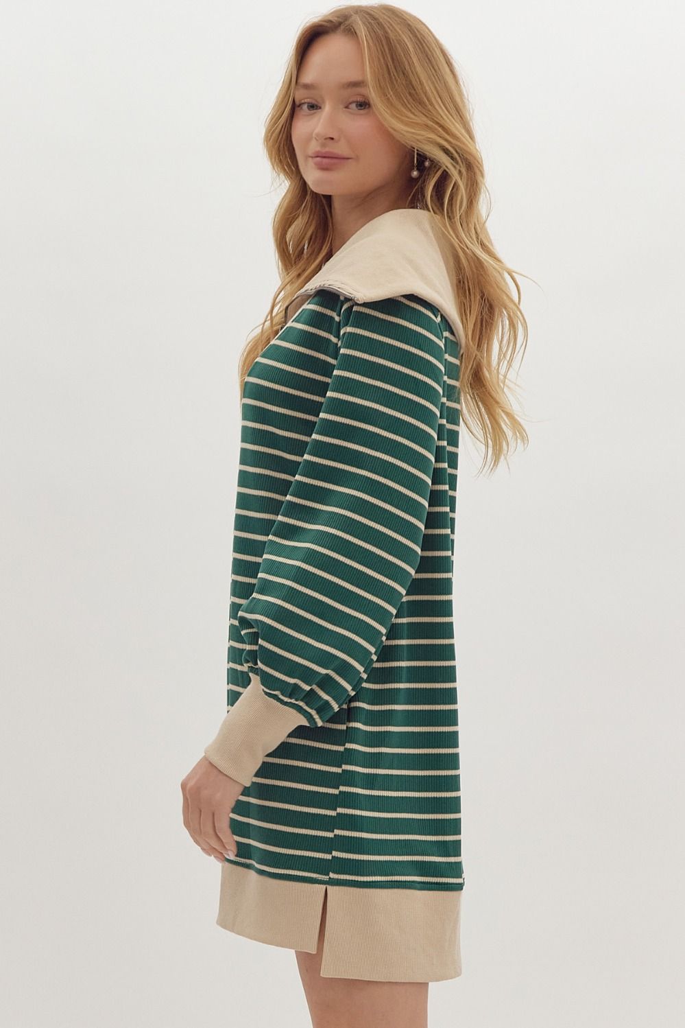 Green Stripe Ribbed Half Zip Over Sized Collar Dress