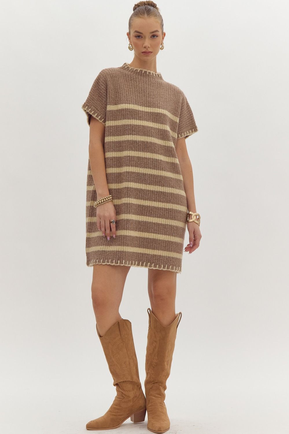 Mocha Striped Sleeveless Sweater Dress