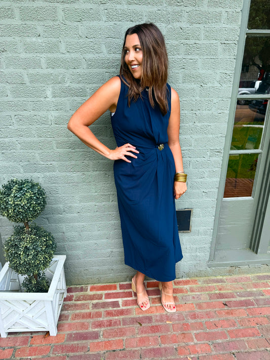 Navy Cinch Waist Midi