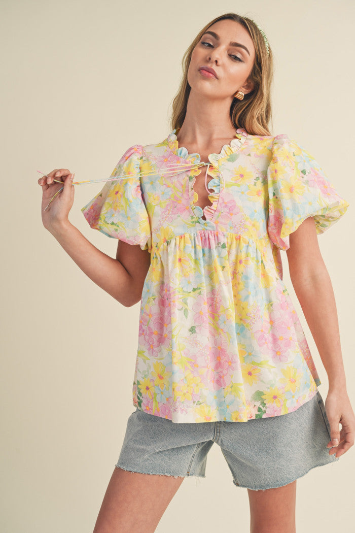 Yellow Multi Floral Scalloped Trim Neck Top