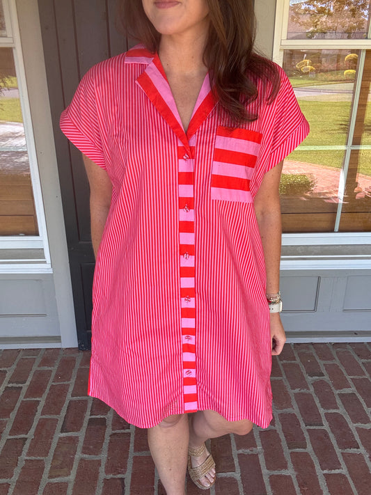 Pink Orange Stripe Shirt Dress