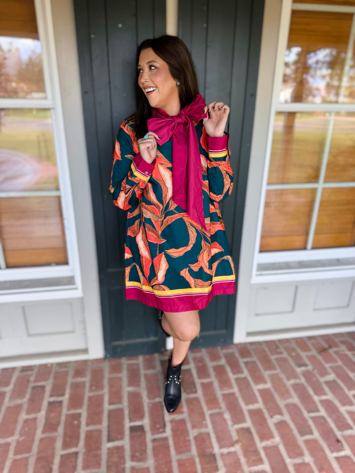 Hunter Green Tie Bow Long Sleeve Dress