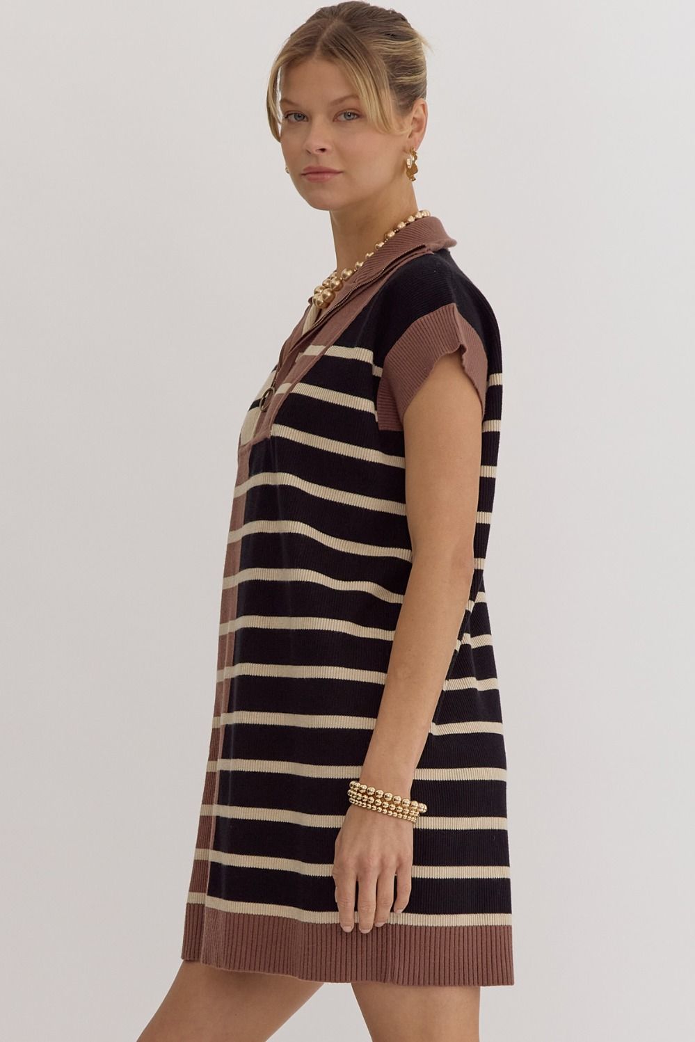 Brown Multi Ribbed Colorblock Dress