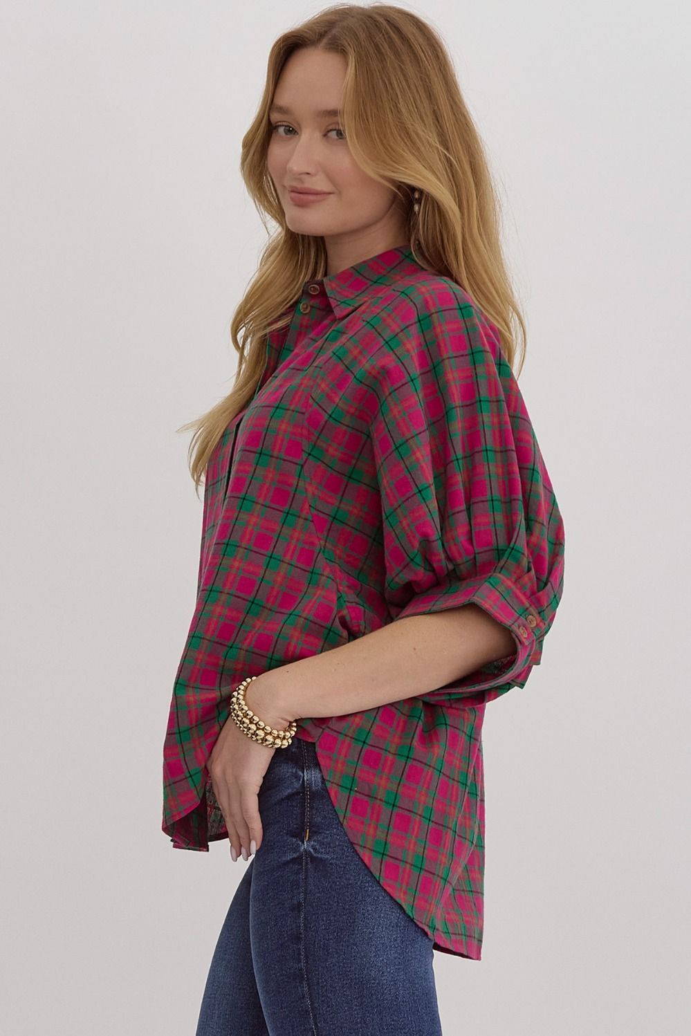 Magenta Plaid Button Down Dolman Top