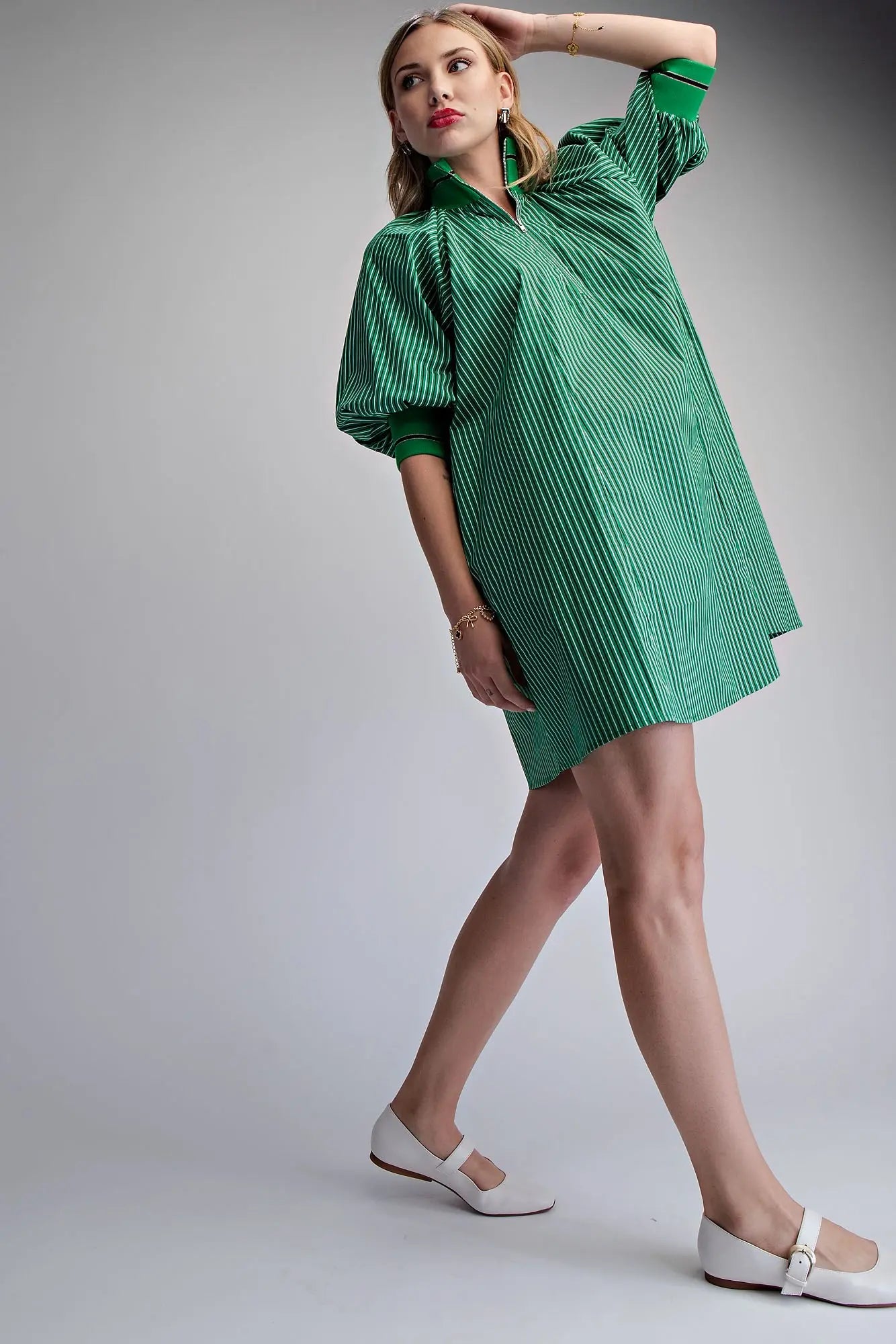 Kelly Green Half Zip Puff Sleeve Dress