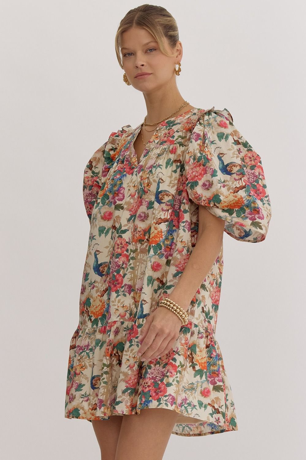 Natural Floral Ruffle Detail Puff Sleeve Dress