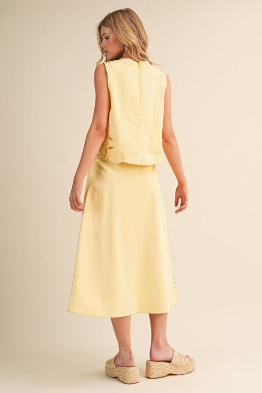 Yellow Embroidered Cut Out Midi Skirt Set