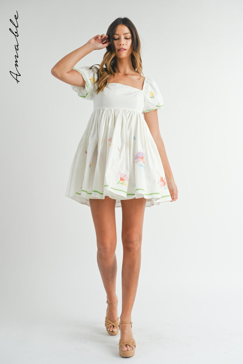 Off White Embroidered Babydoll Dress