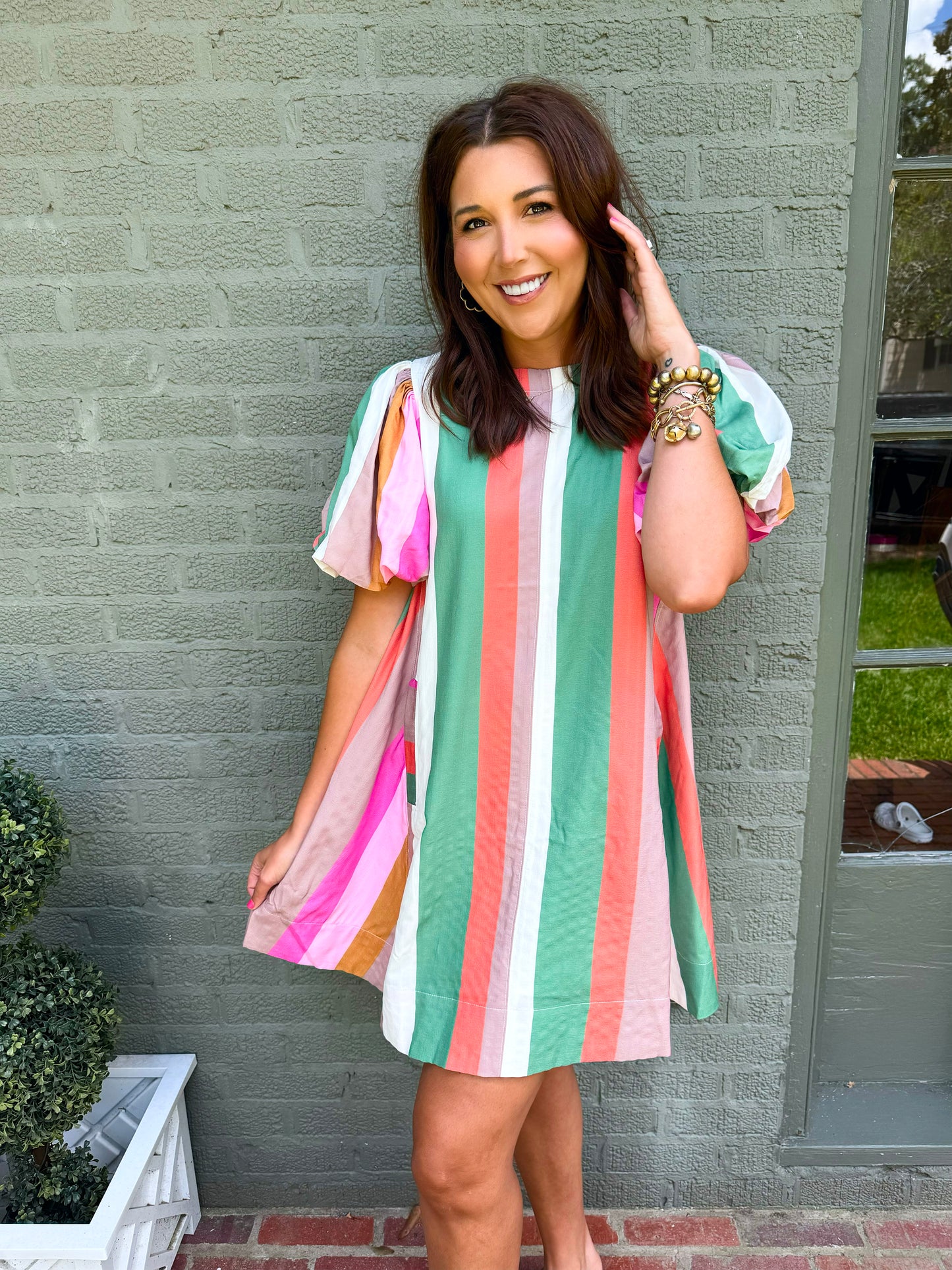 Multi Striped Bubble Sleeve Dress