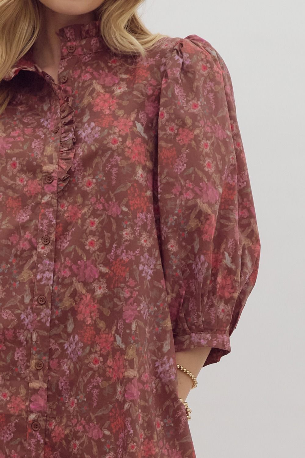 Brown Floral High Neck Puff Sleeve Dress