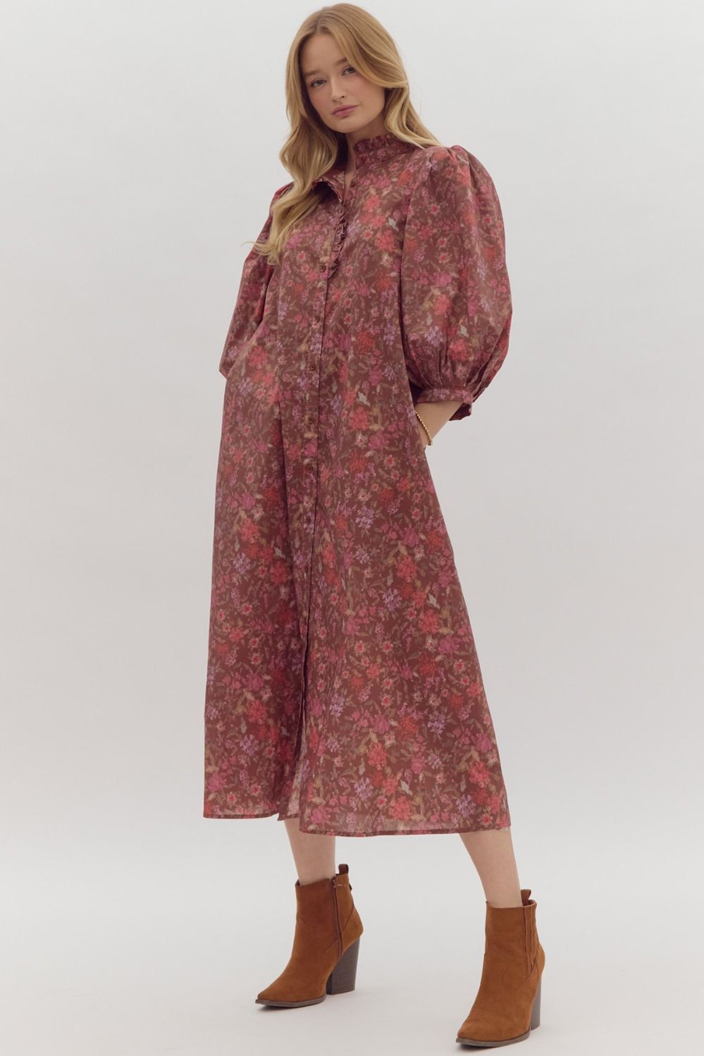 Brown Floral High Neck Puff Sleeve Dress