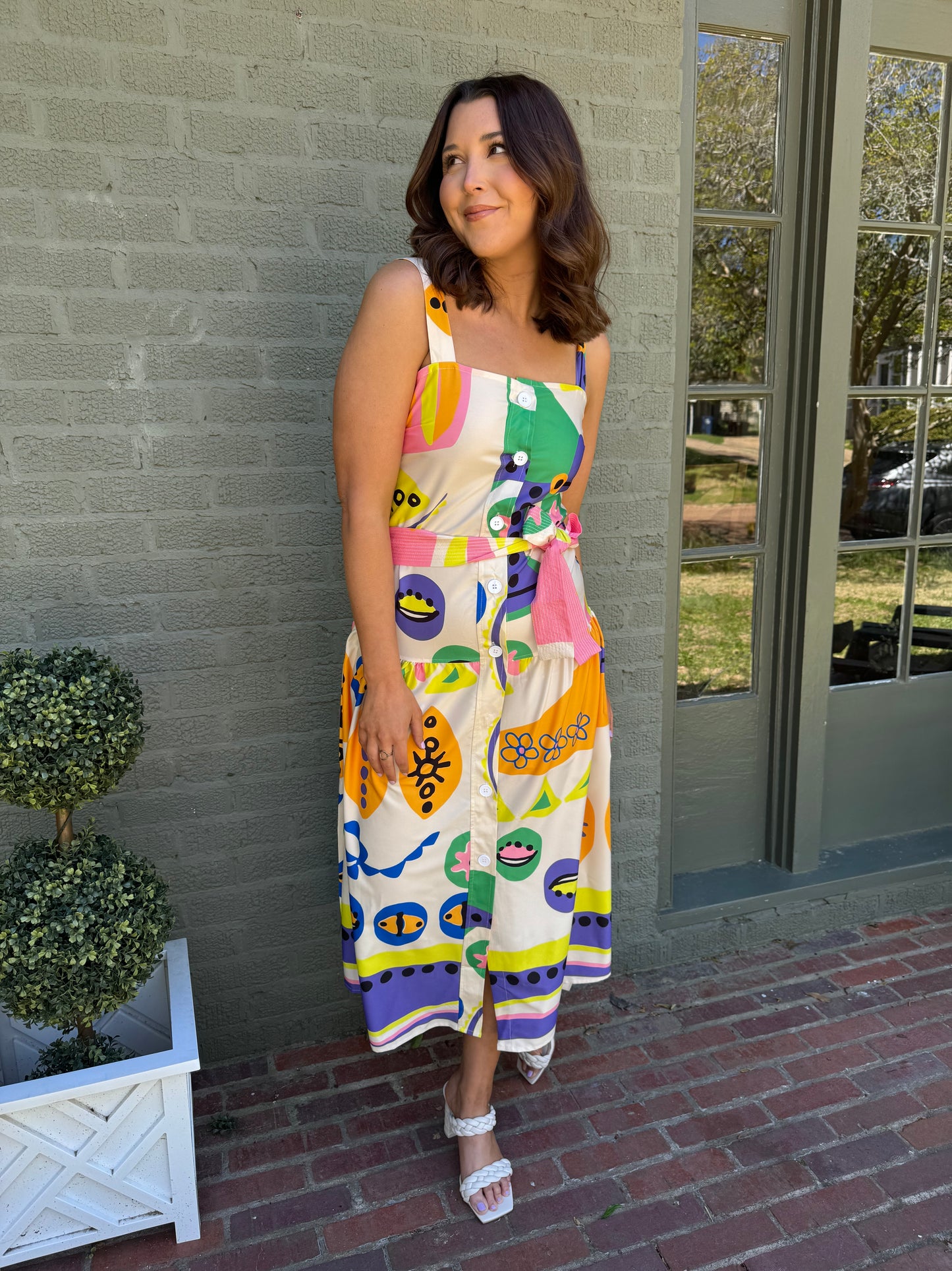 Multi Printed Sleeveless Button Belted Dress