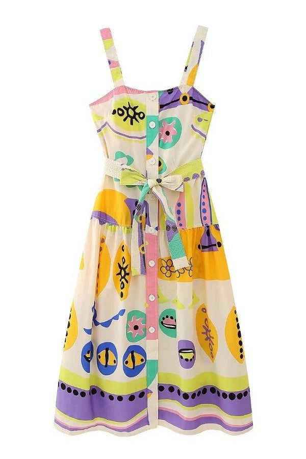 Multi Printed Sleeveless Button Belted Dress