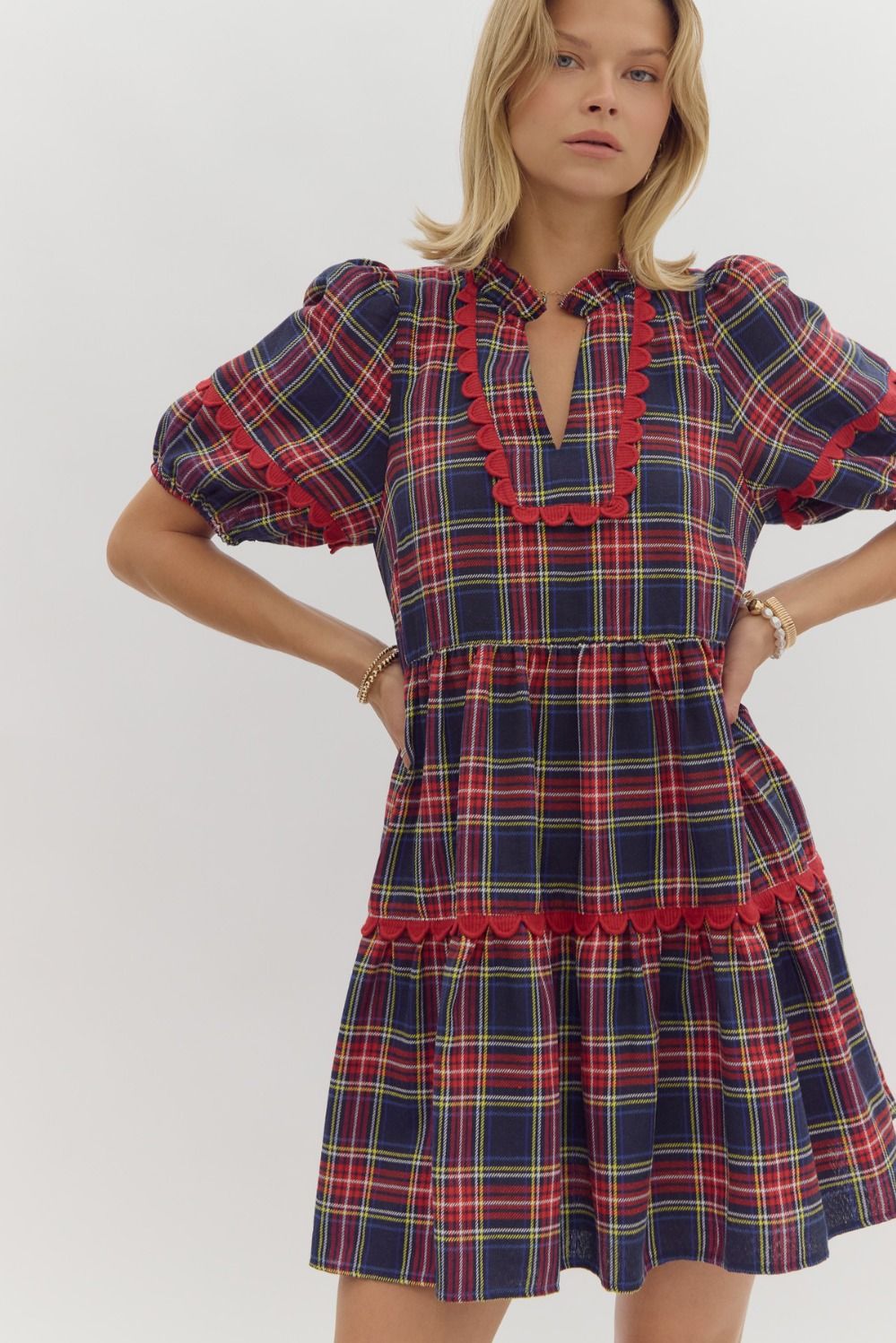 Navy Tartan Ric Rac Detail Dress