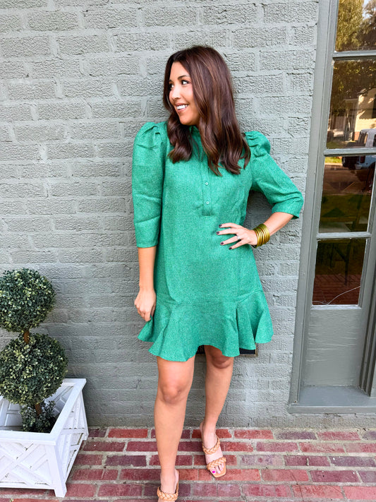 Green Pleated Sleeve Textured Dress