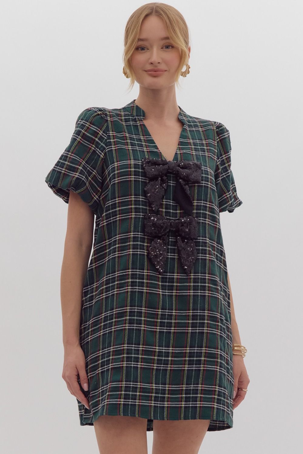 Green Tartan Plaid Rhinestone Bow Dress