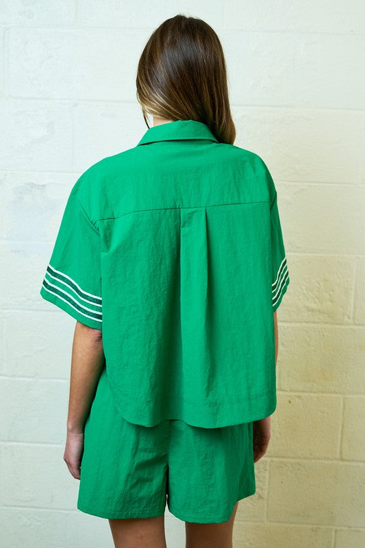 Green Glitter Striped Sleeve Polo Top