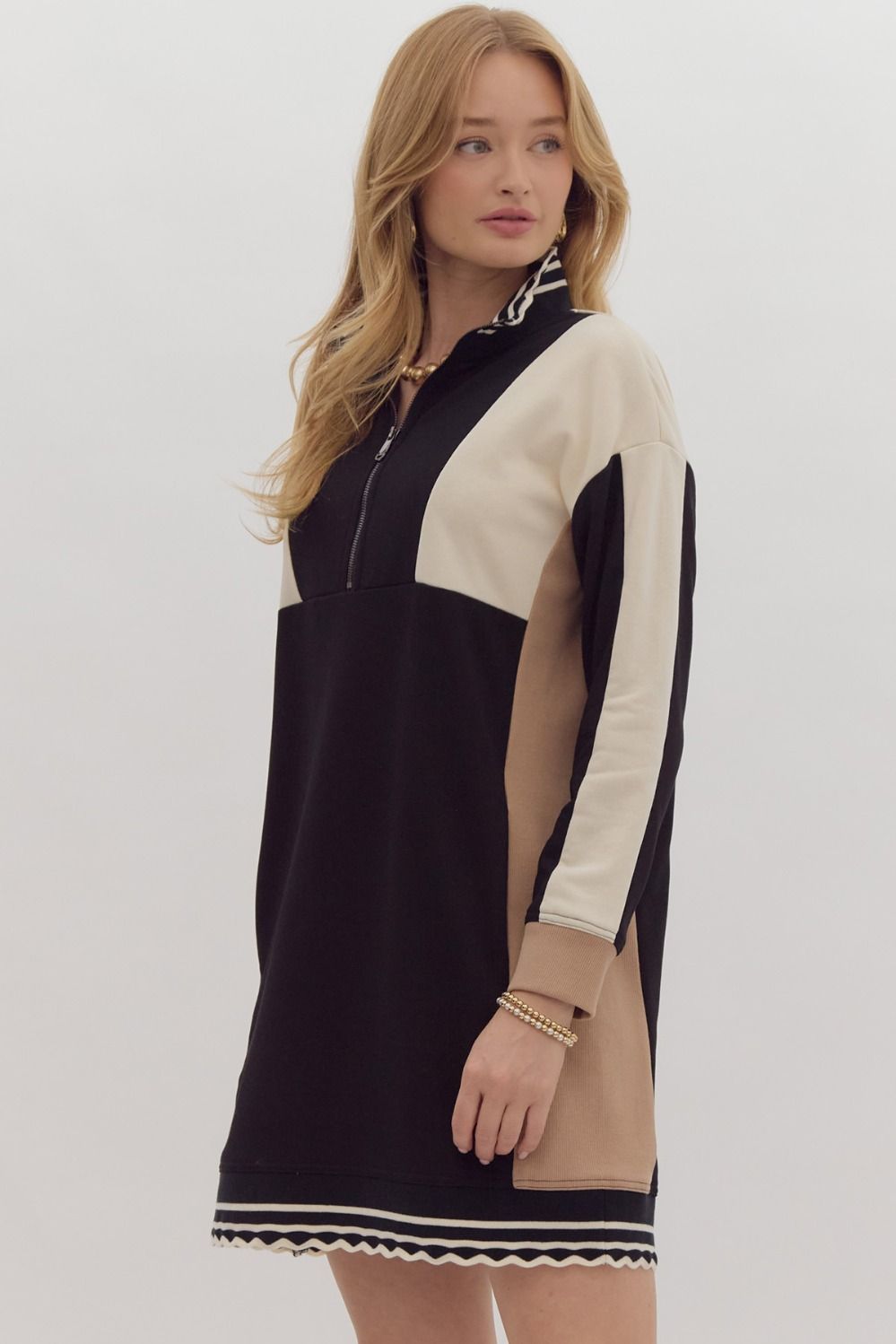 Black Colorblock Long Sleeve Dress