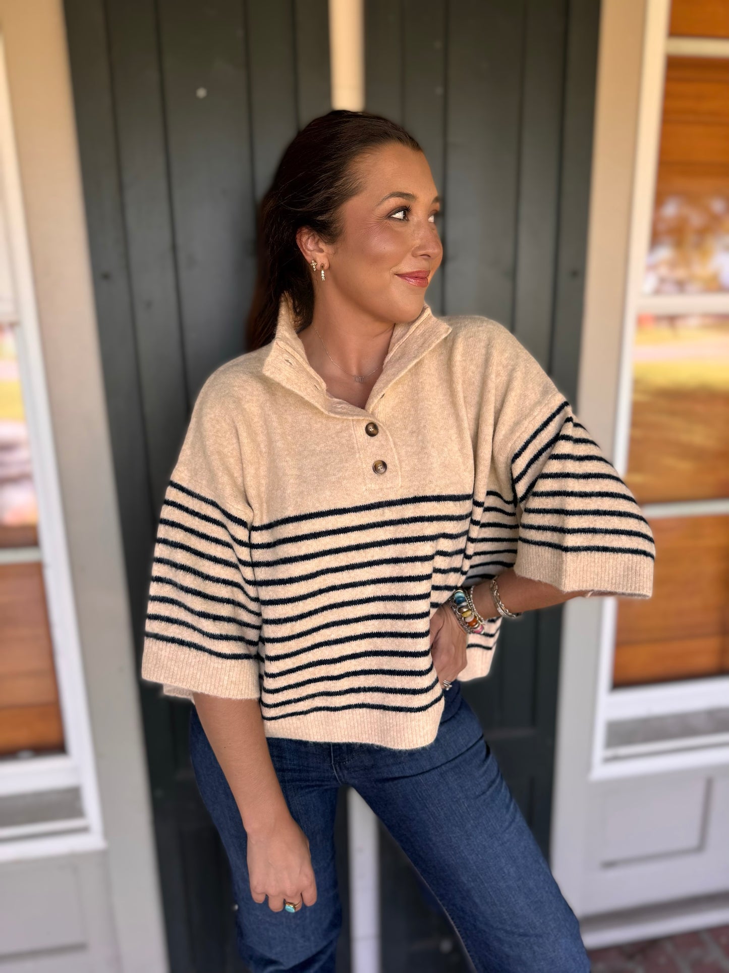 Ecru Mock Neck Striped Sweater
