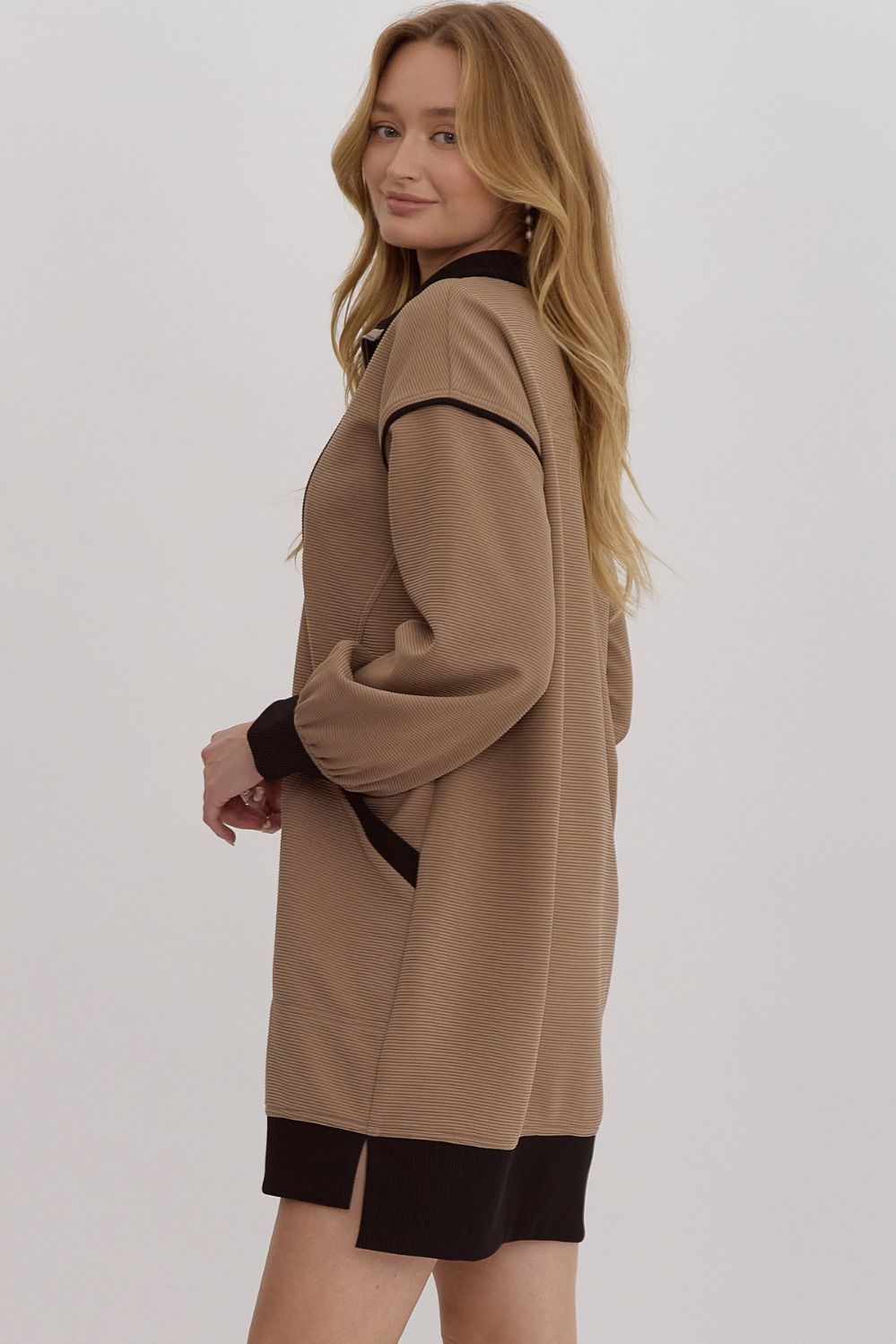 Mocha Half Zip Ribbed Collar Dress