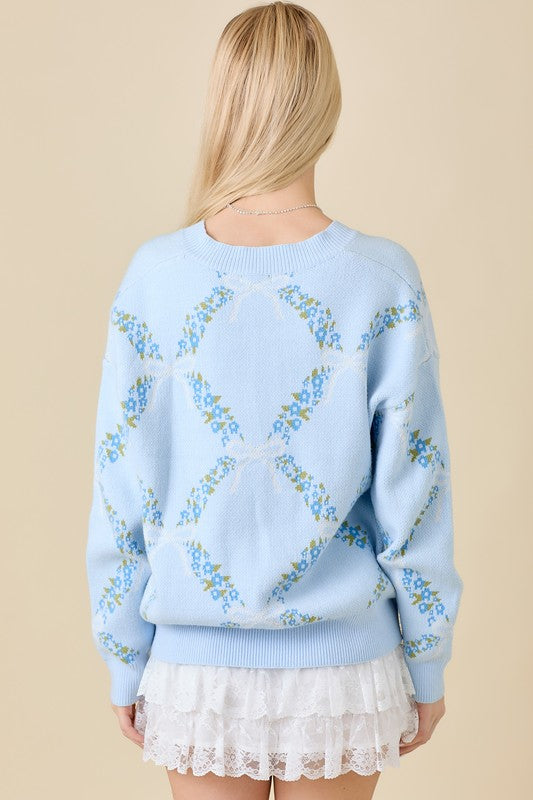 Light Blue Floral Ribbon Print Sweater