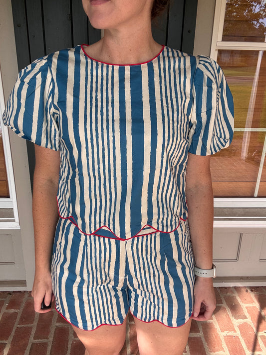Blue Striped Scalloped Short Set