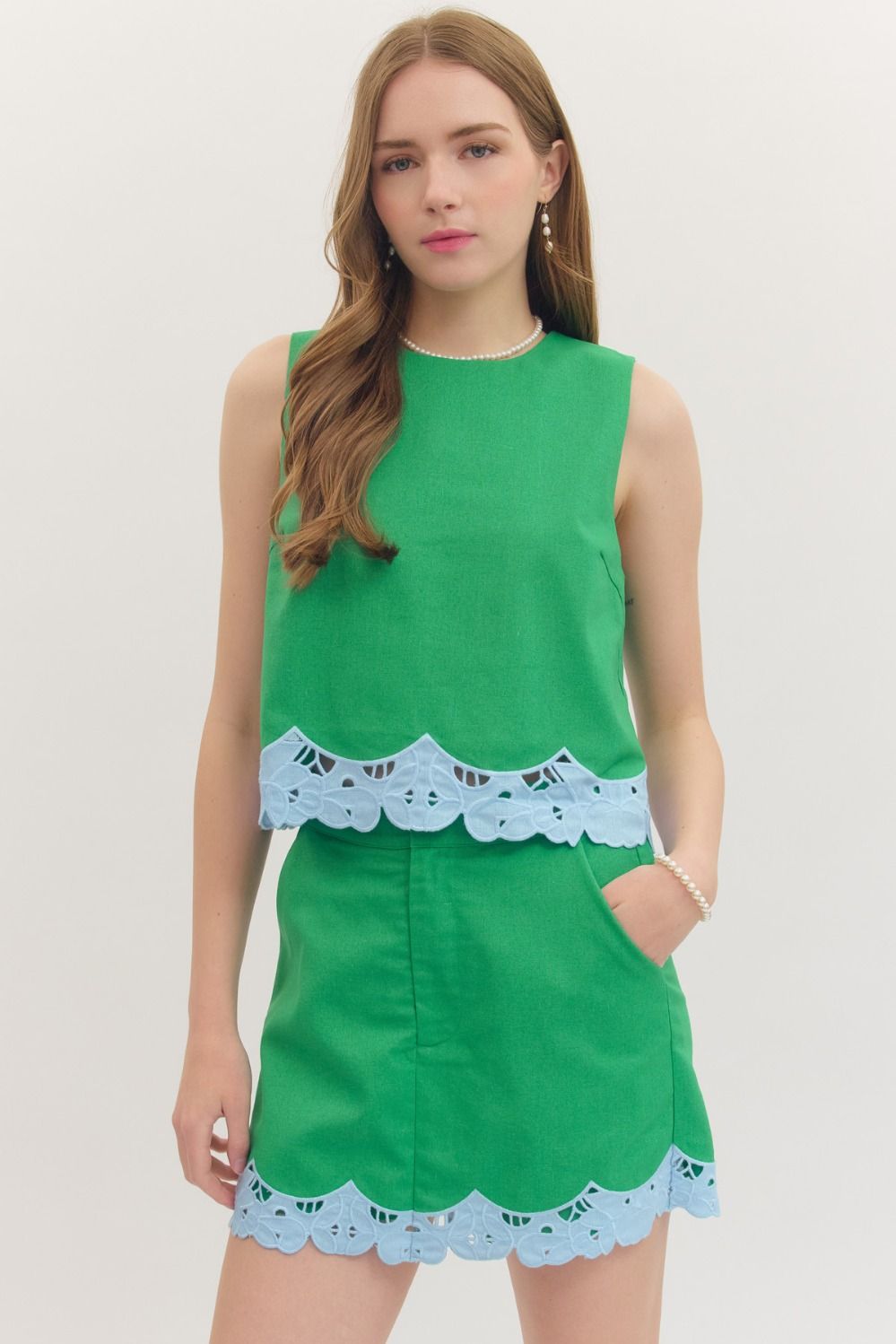 Green and Blue Lace Trim Skort Set