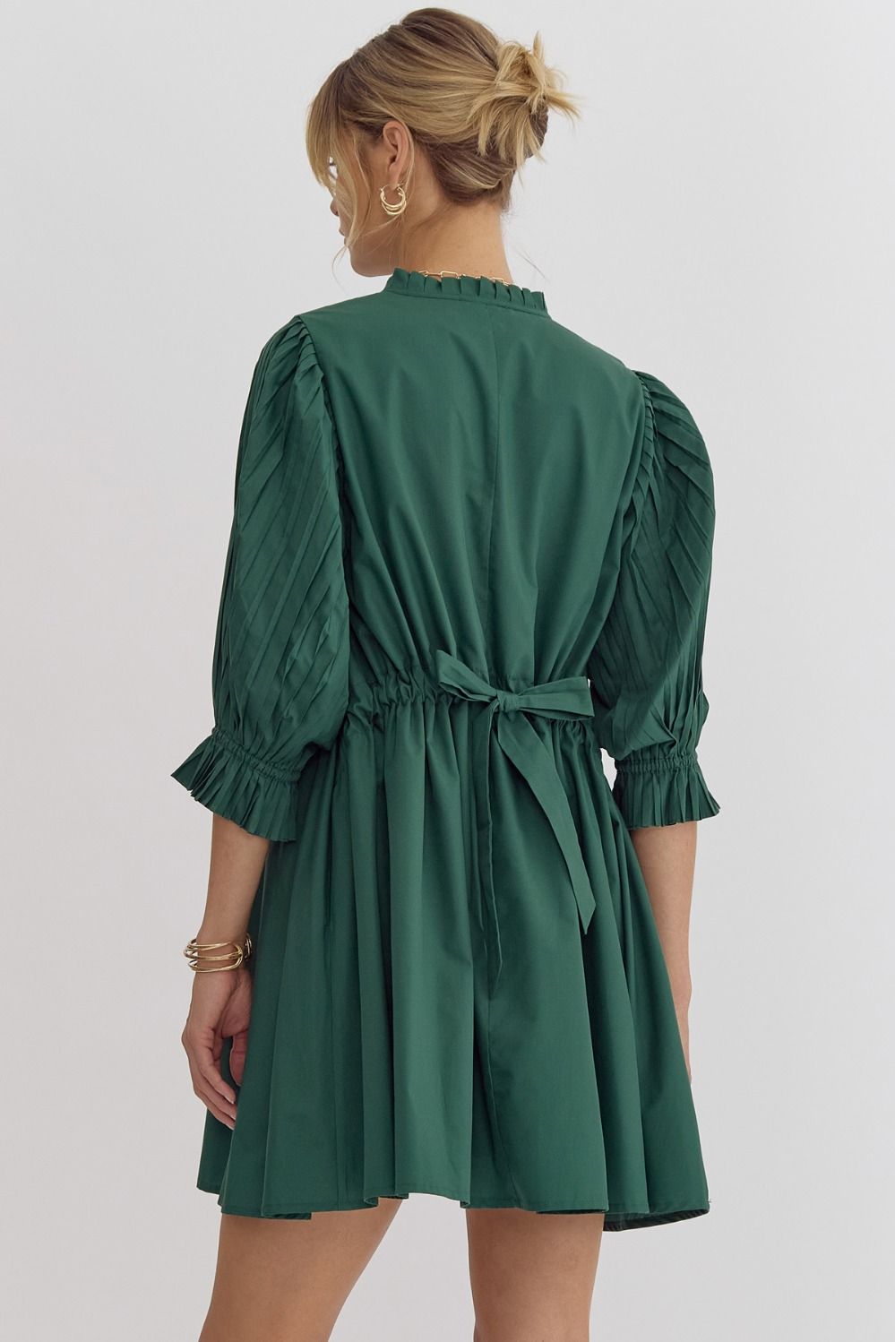 Forest Pleated Sleeve Tie Back Dress