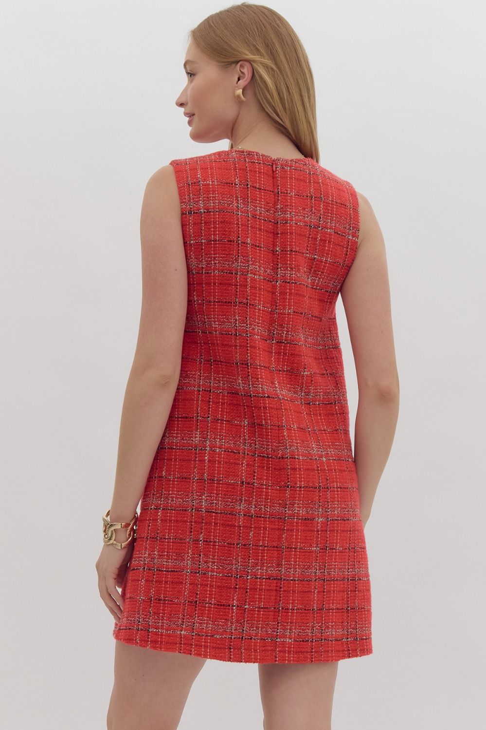 Red Tweed Scallop Detail Dress