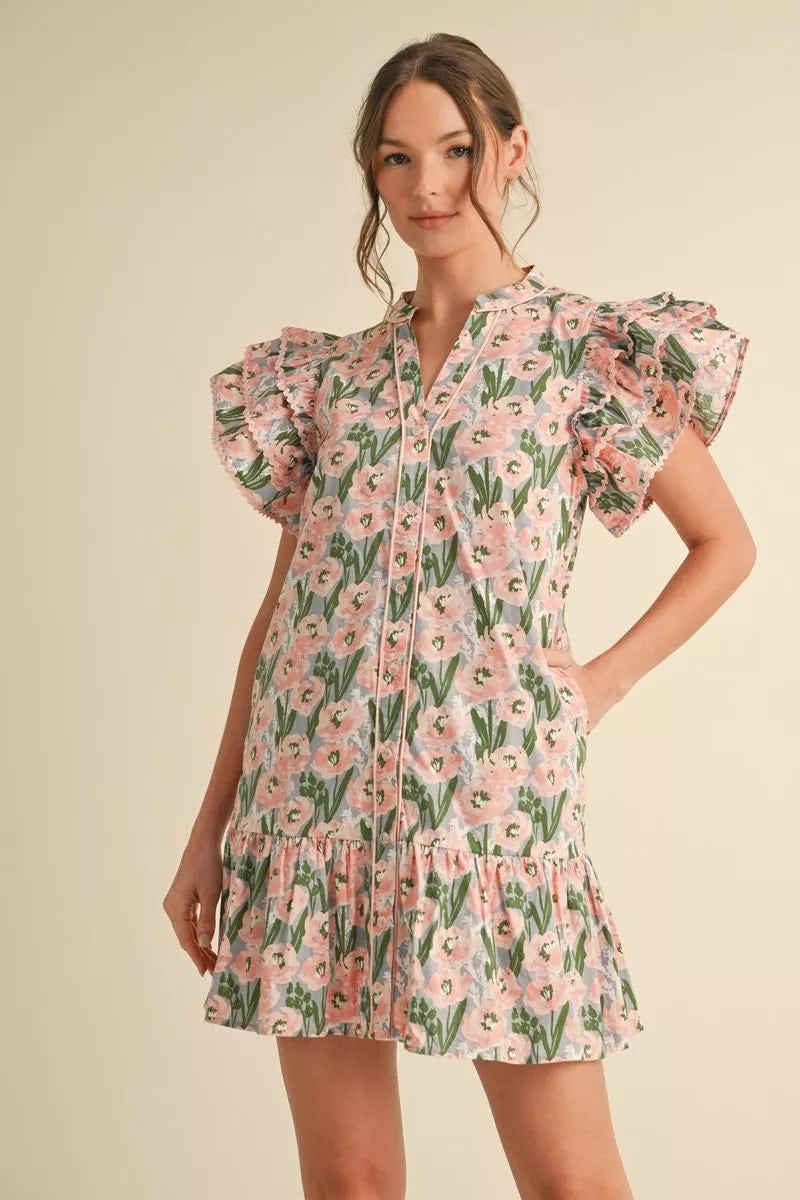 Apricot Pink Floral Flutter Sleeve Dress