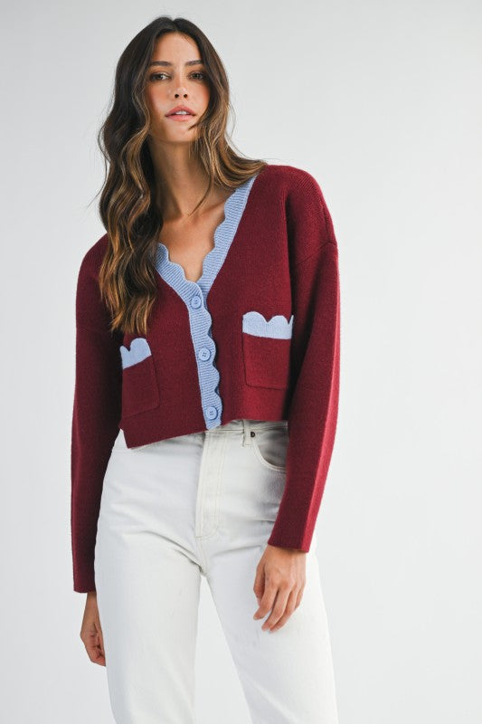 Wine Scallop Trim Cardigan