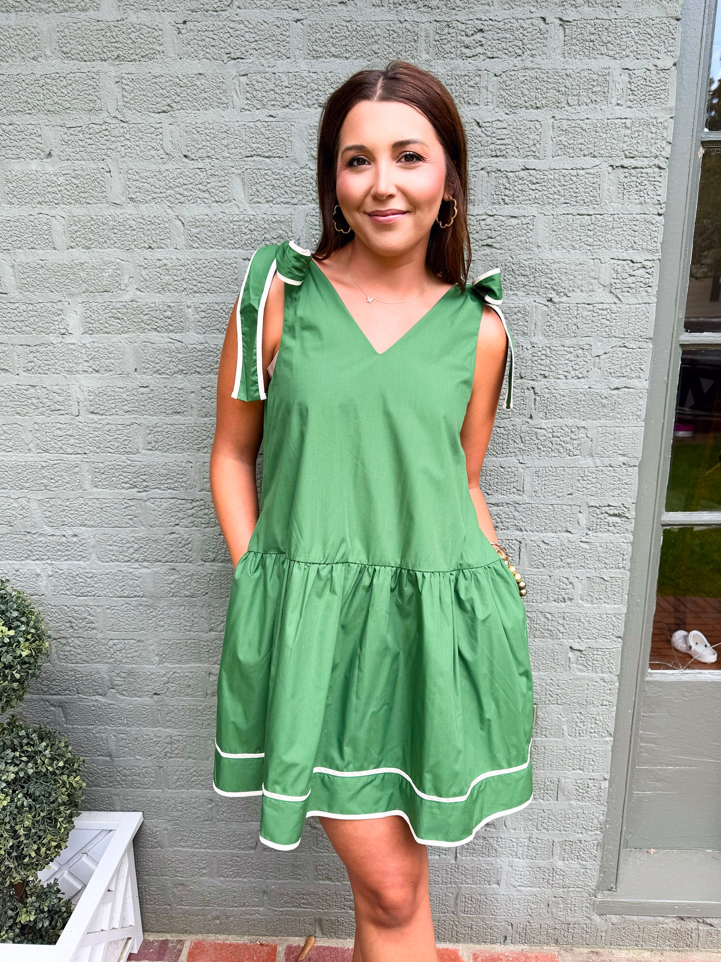 Amazon Green V- Neck Tie Sleeve Dress