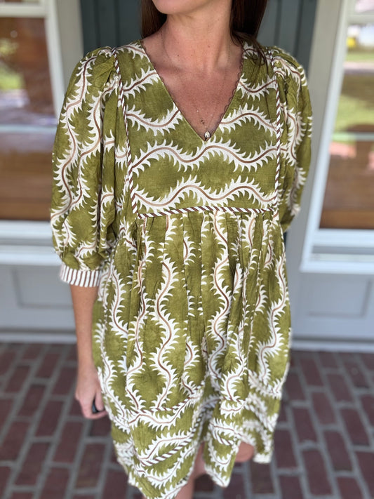 Olive Printed V-Neck Dress