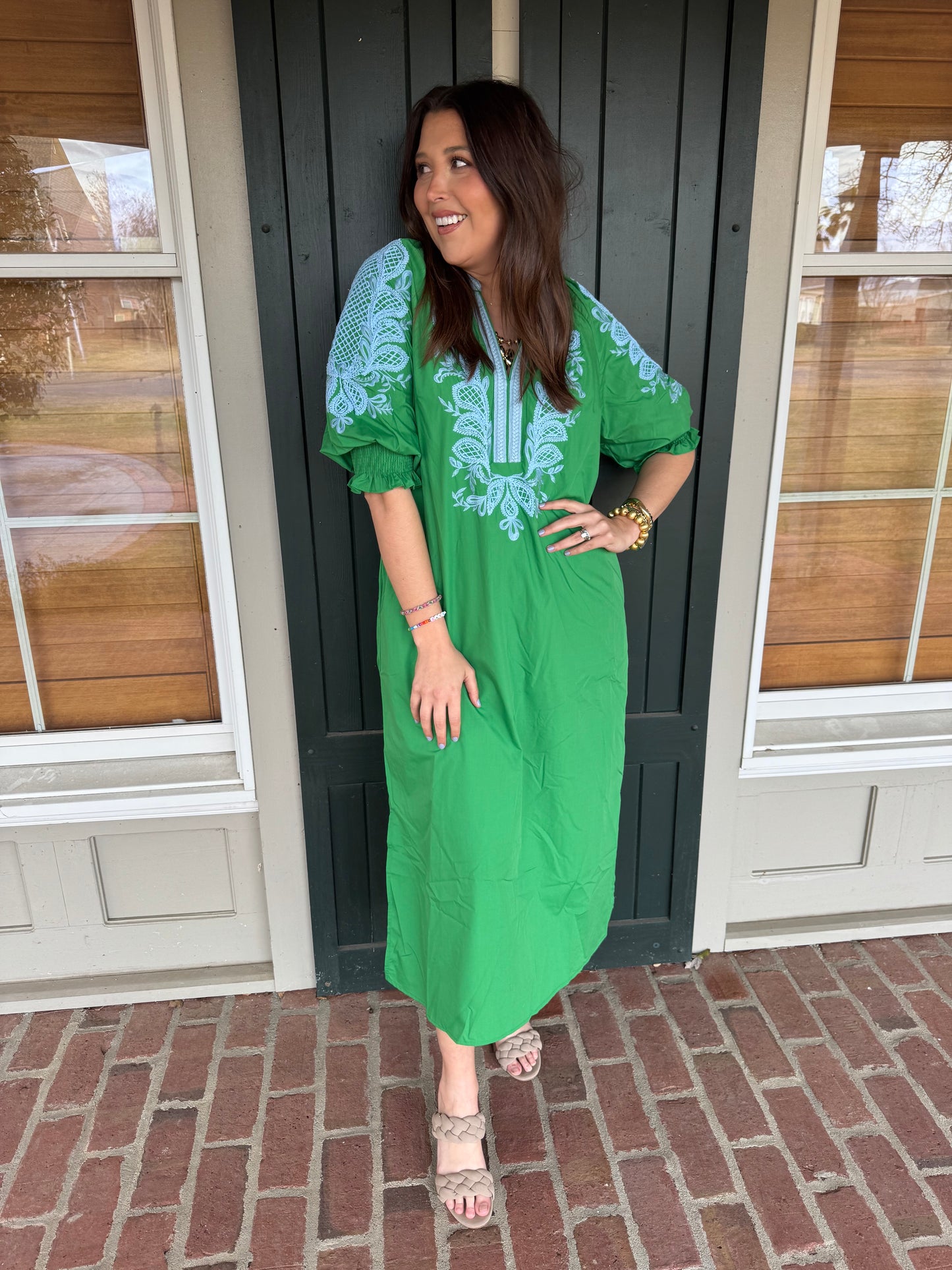 Green Embroidered Braided Detail Midi