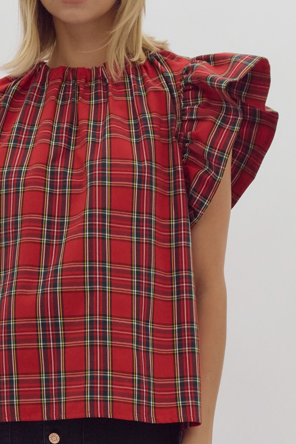 Red Tartan Ruffle Sleeve Top