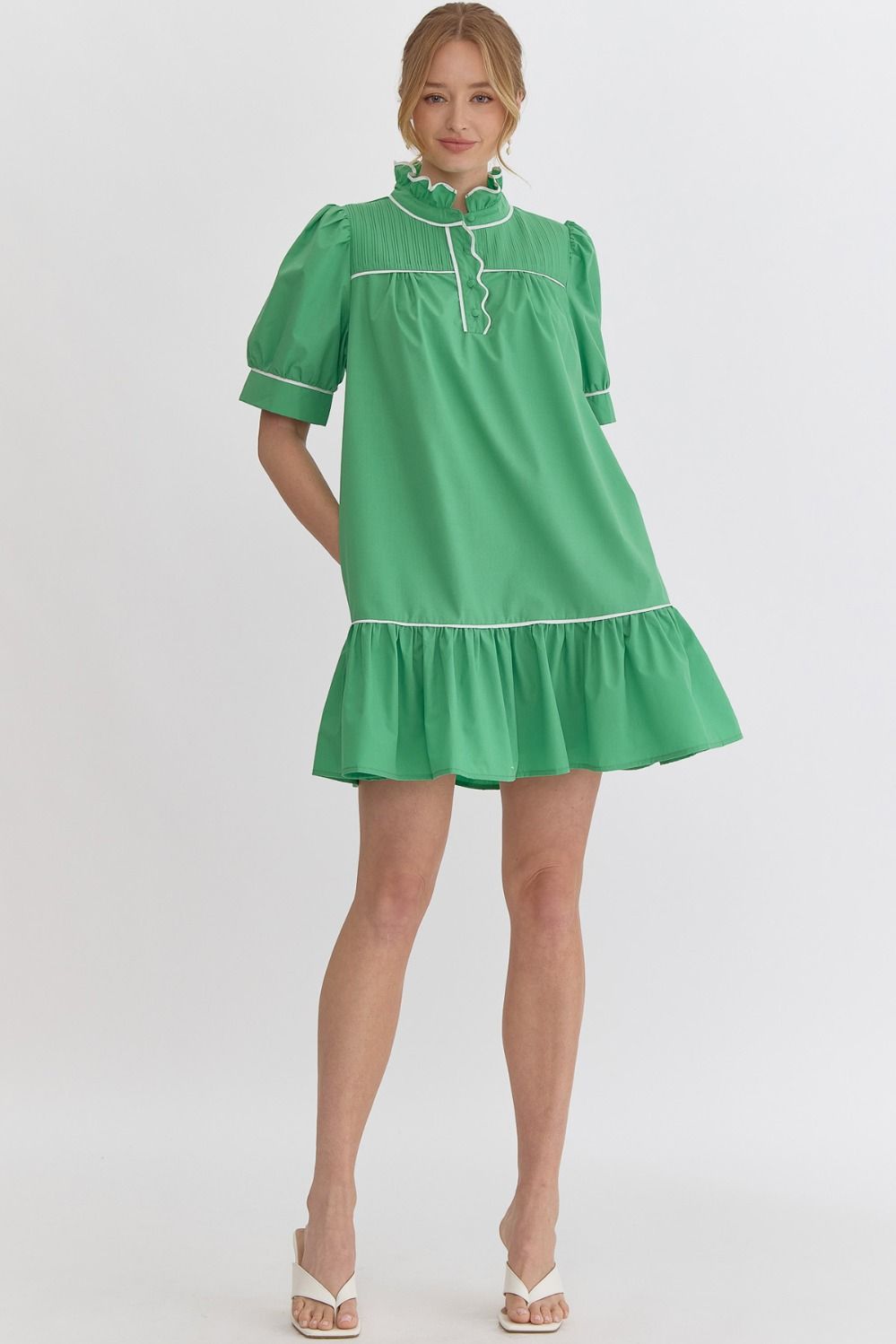 Kelly Green High Neck Ruffle Detail Dress