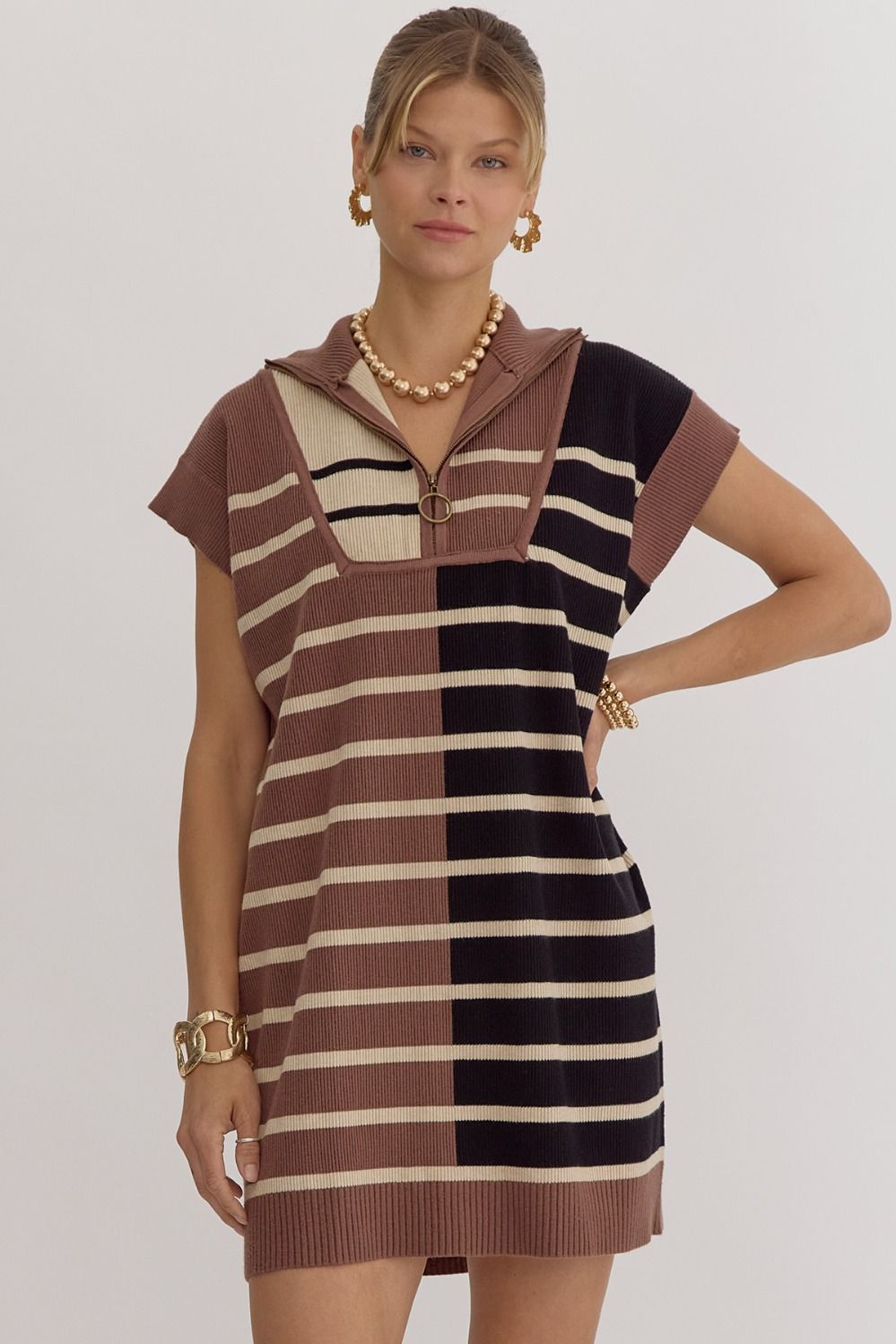 Brown Multi Ribbed Colorblock Dress