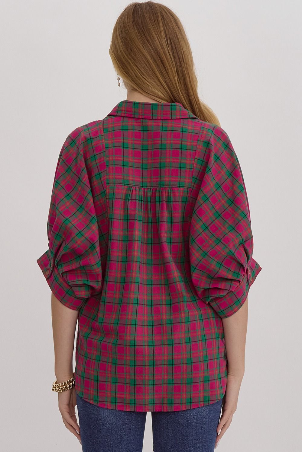 Magenta Plaid Button Down Dolman Top