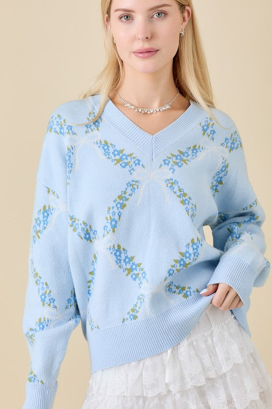 Light Blue Floral Ribbon Print Sweater