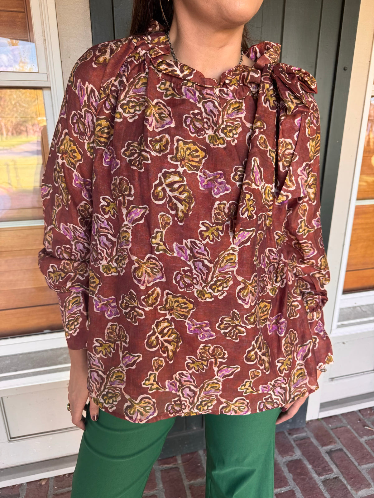 Ruffle Neck Long Sleeve Print Blouse