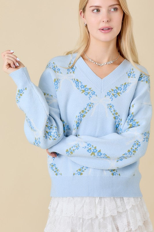 Light Blue Floral Ribbon Print Sweater