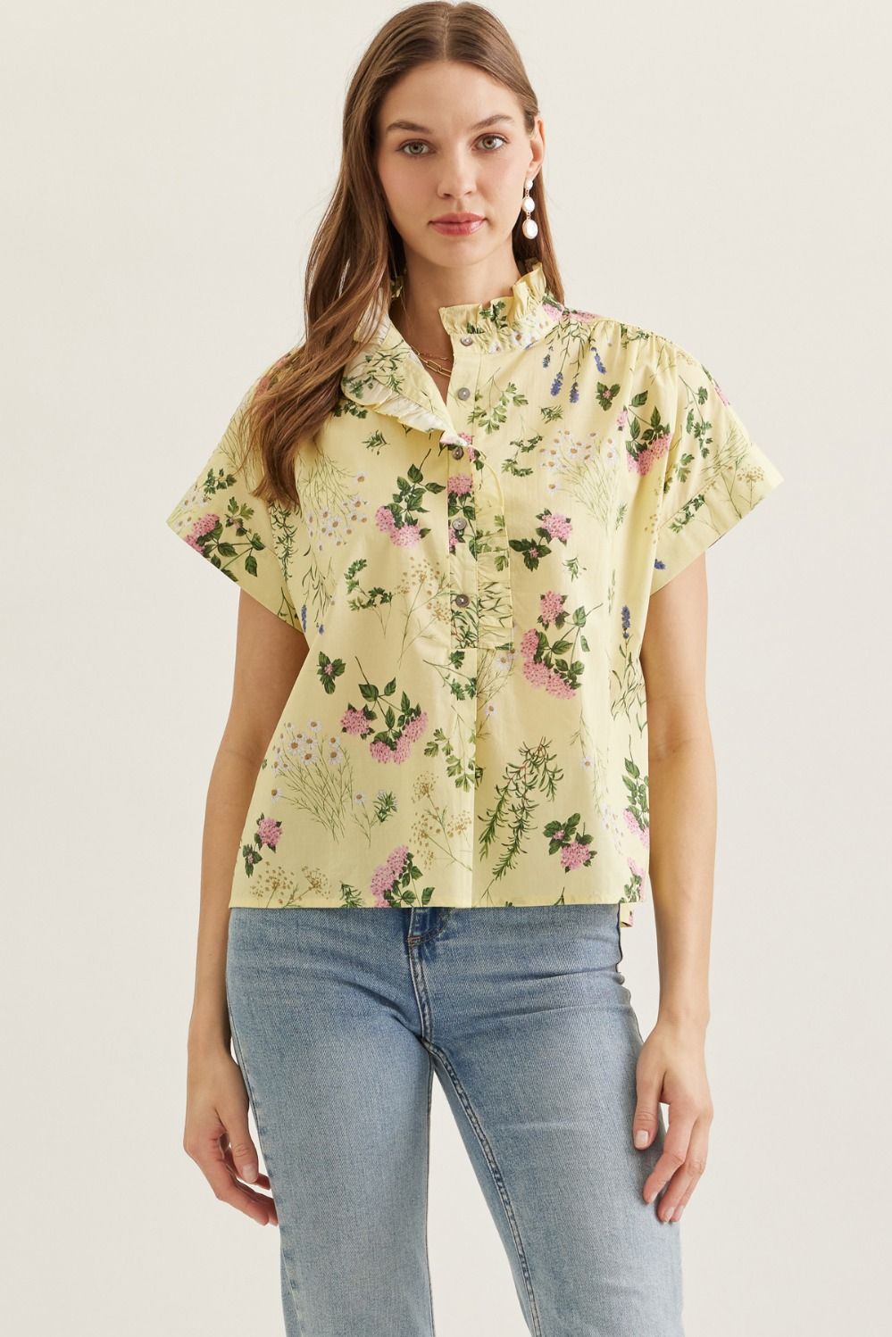 Yellow Floral Ruffle Trim Top