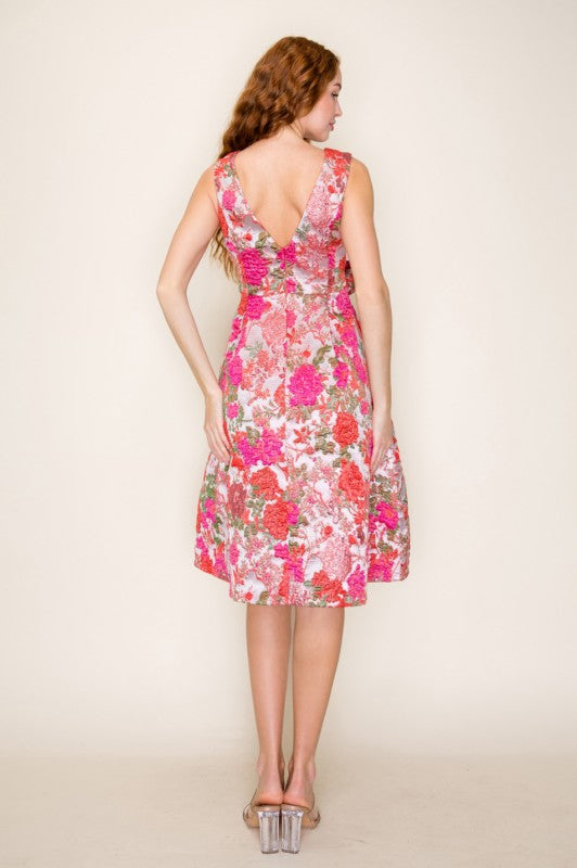 Coral Jacquard Fit and Flare Dress