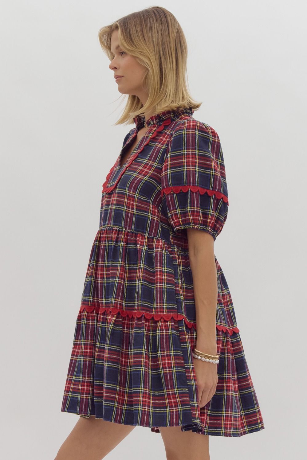 Navy Tartan Ric Rac Detail Dress