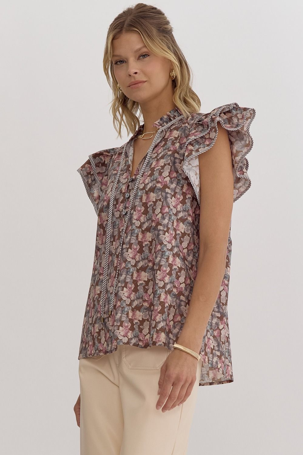 Brown Floral Slutter Sleeve Top